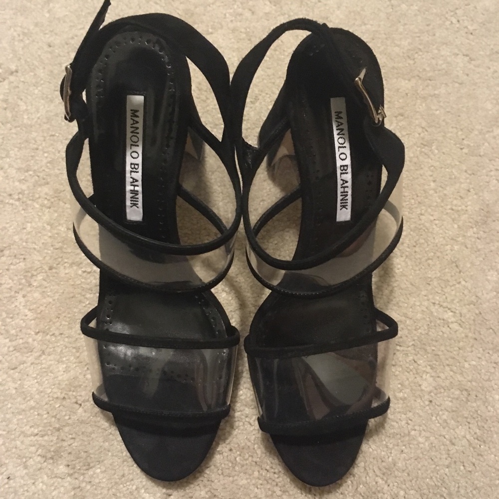 Manolo Blahnik black Khan suede and pvc sandals